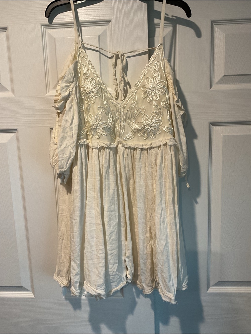 Free People Embroidered OTS Ivory Babydoll Mini Dress Tunic Top Boho Hippie sz L